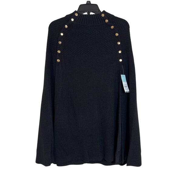 Blue Sol Large Black Sweater Cape Pocho With Gold Accent Buttons - Picture 1 of 6